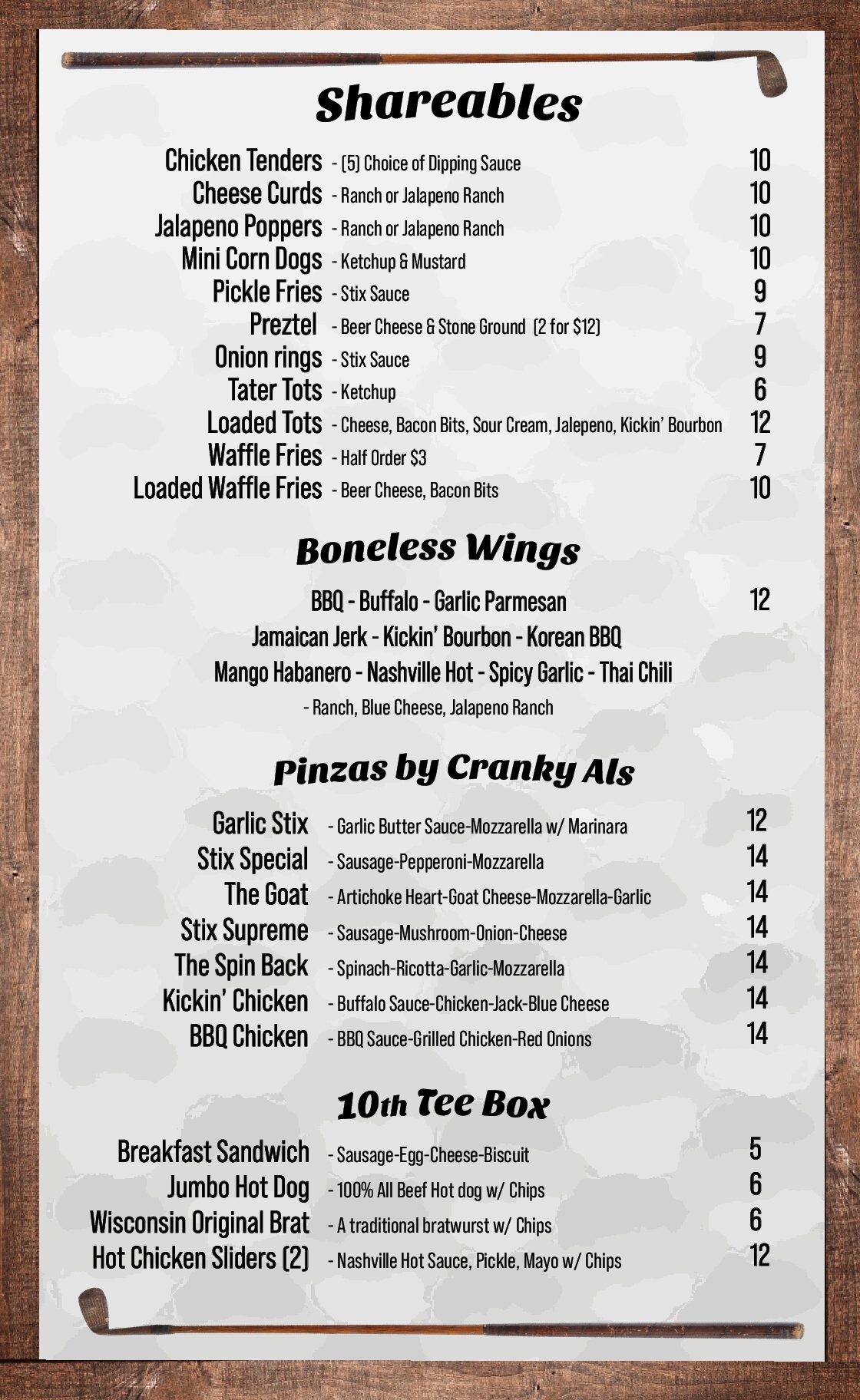 Our Bar/Food Menu & Specials Stix Golf Bar in Germantown, WI